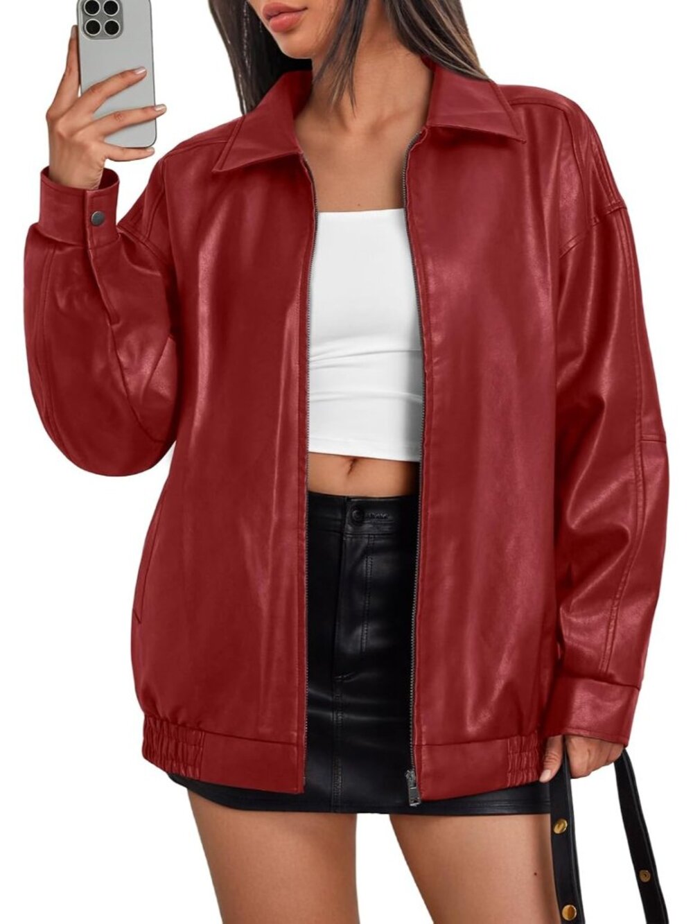 Women's Red Oversized Leather Jacket Moto Bomber Styling Fall&Winter Coat